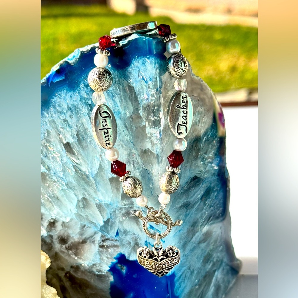 Handmade "Teacher Inspire" Charm Bracelet - Red & Silver Plated Beaded Design
